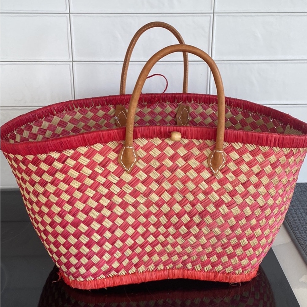 Red and Tan Woven Tote Bag - beach or pool